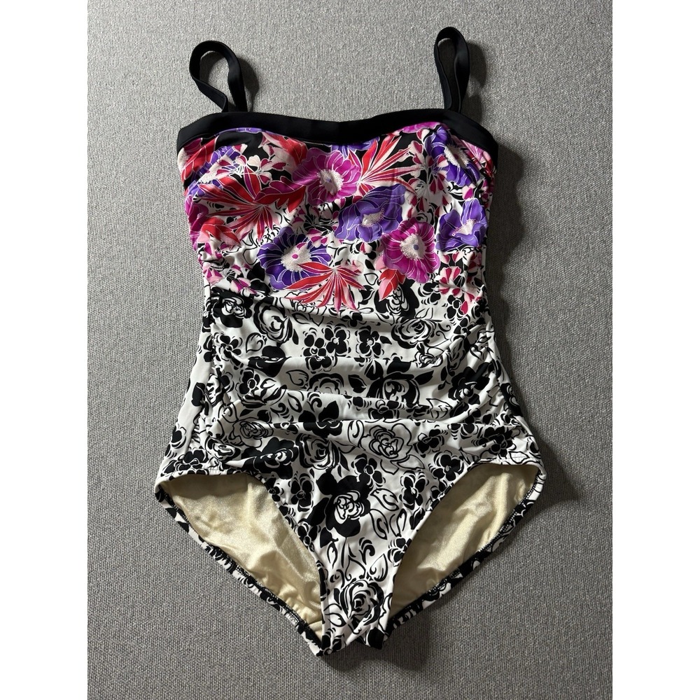 Maxine Of Hollywood Women's Pink. Purple, Black And White Floral Swimsuit 16